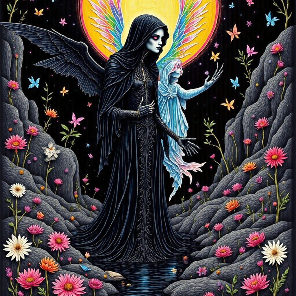Gothic Angel Reaper in Surreal Crayon Drawing