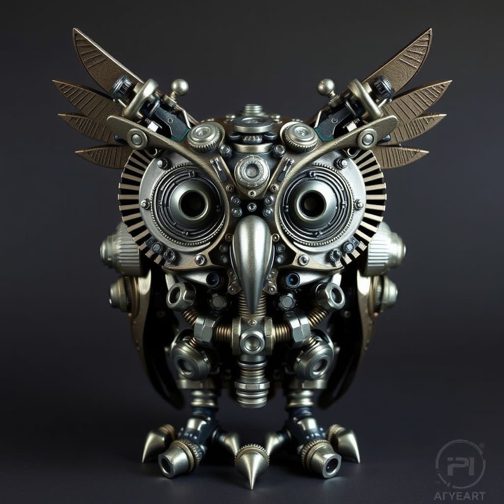 Futuristic Industrial Owl Sculpture of Metal Elements