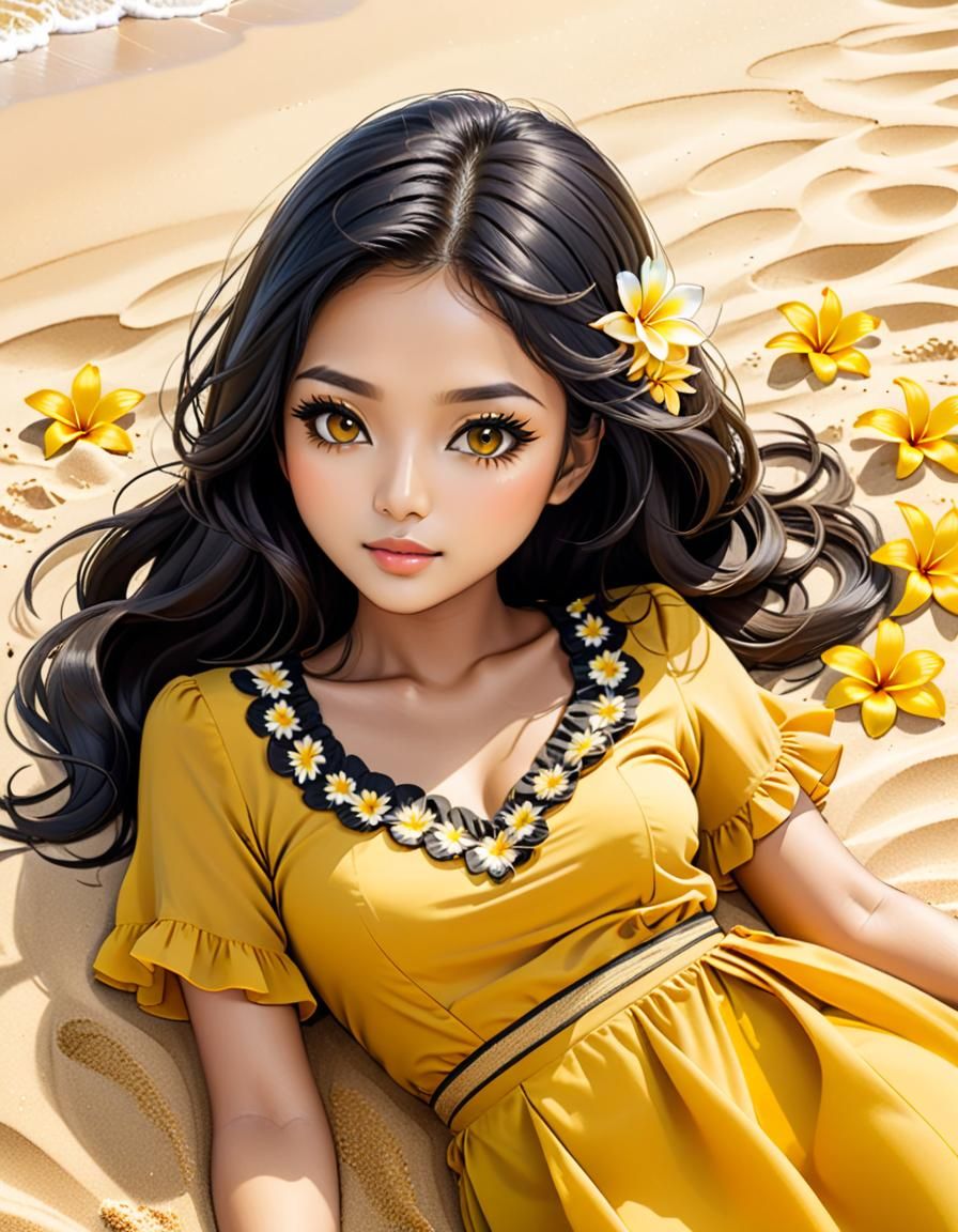 Chibi Indonesian Woman on Golden Sand Beach