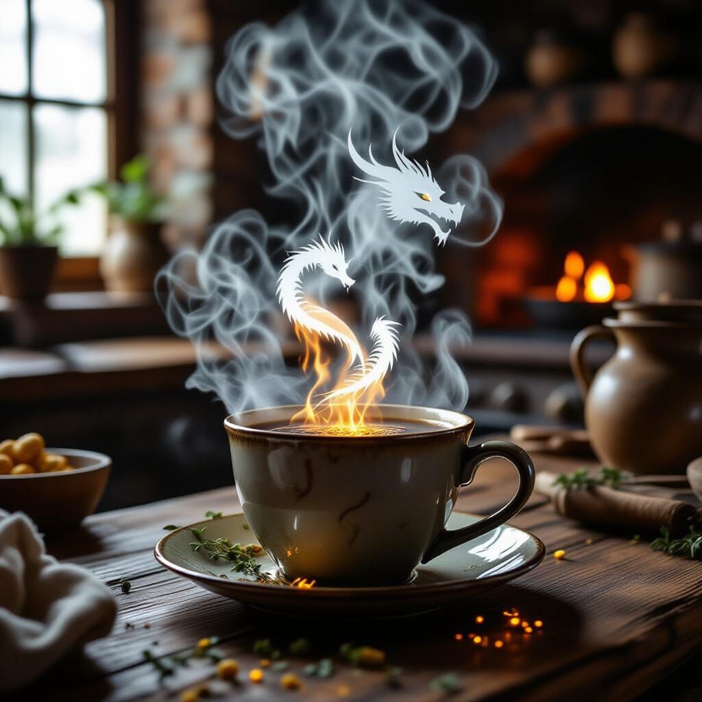 Dragon Steam Spell: Cozy Medieval Kitchen Scene