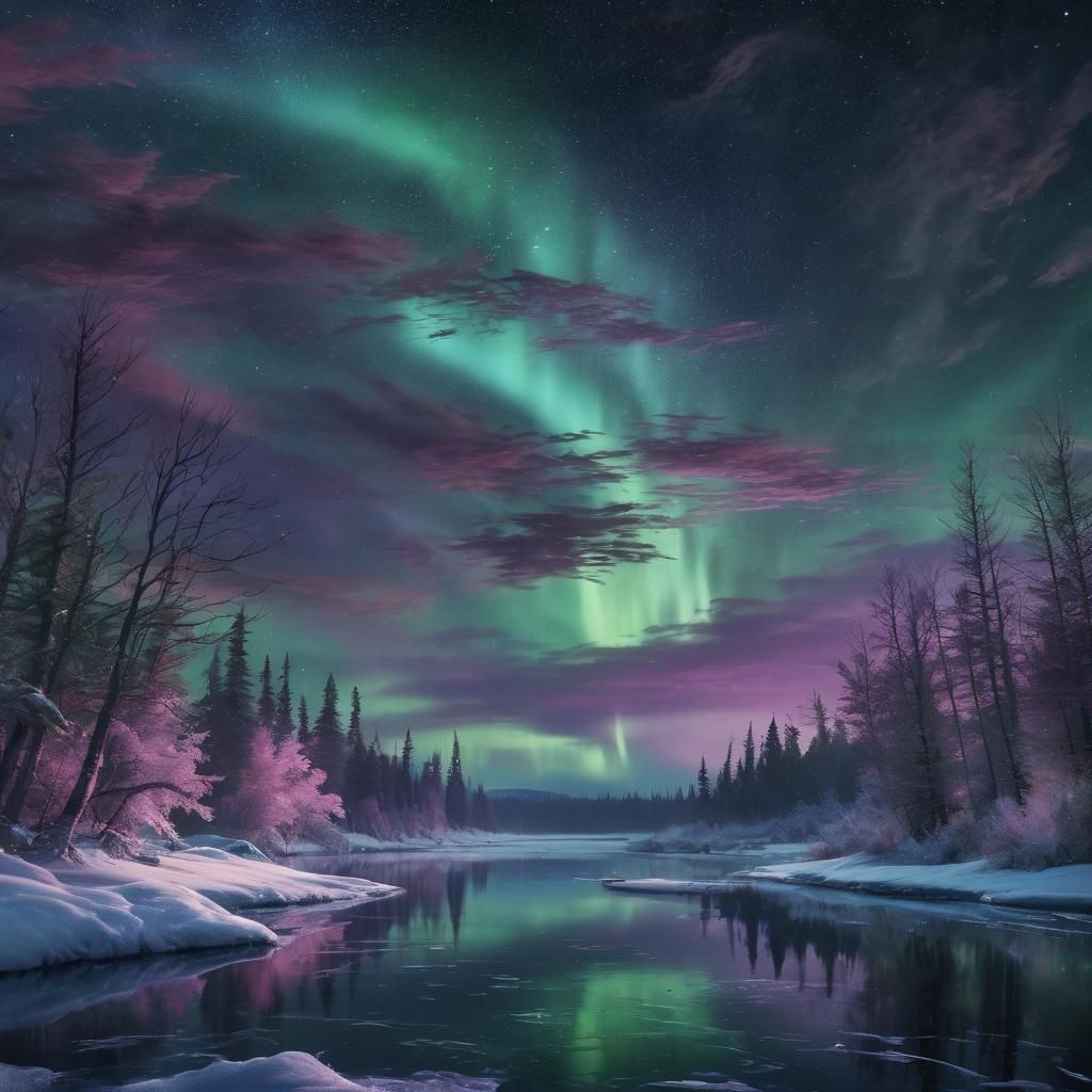 Aurora Borealis Over Frozen Lake in Cinematic Style