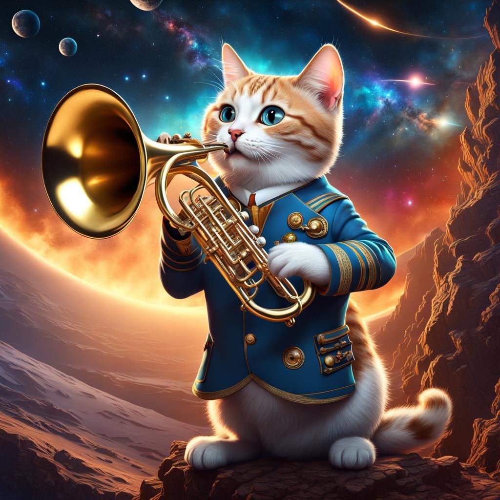 Humorous Cat Plays Trumpet in Space