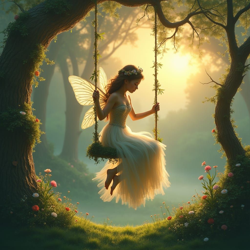 A beautiful fairy princess swings on a swing made from vines...