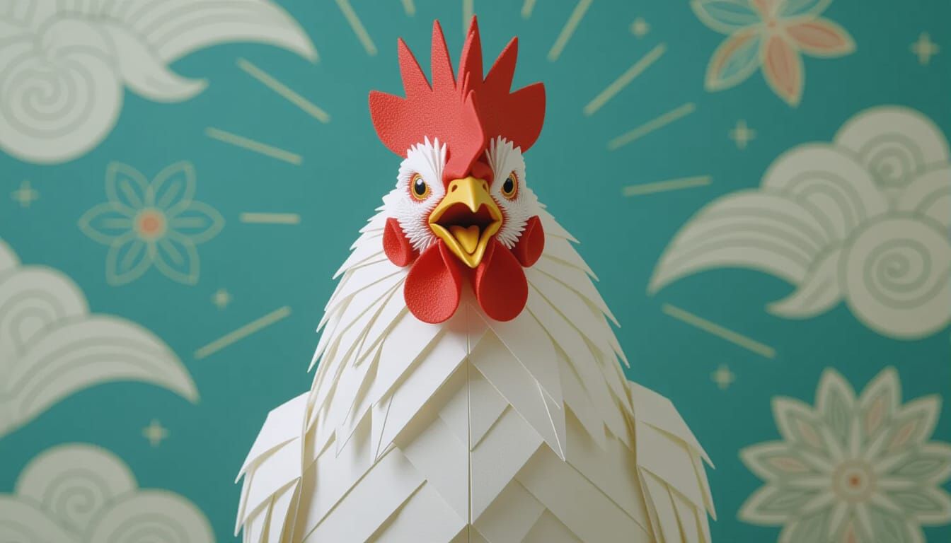 Origami Chicken Mid-Squawk in Playful Style
