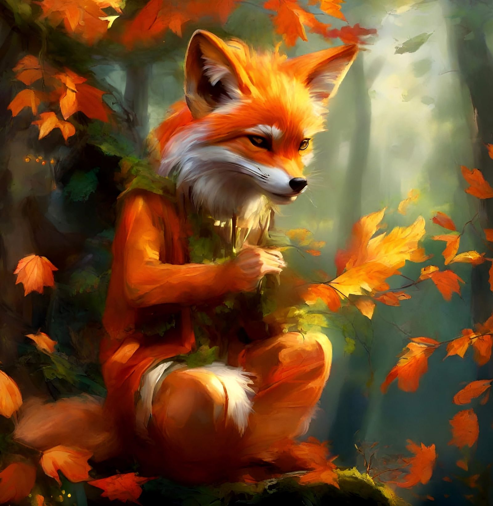 Mischievous Fox Spirit Playing Flute in Enchanted Forest