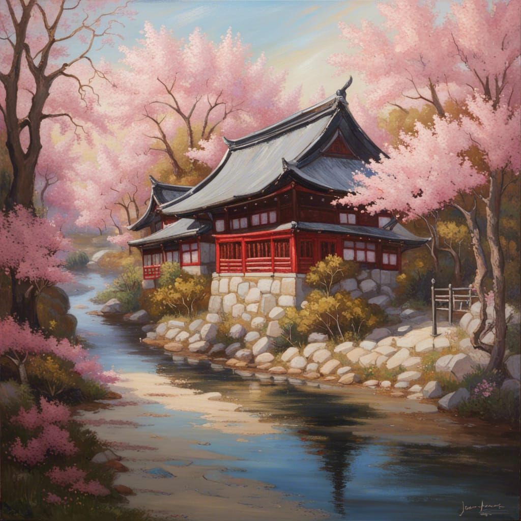 Japanese Village with Sakura Blossoms in Cottagecore Style