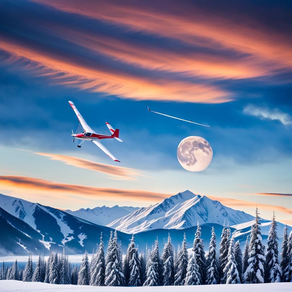 Snowy Mountains and Sailplanes Under Moonlit Sky