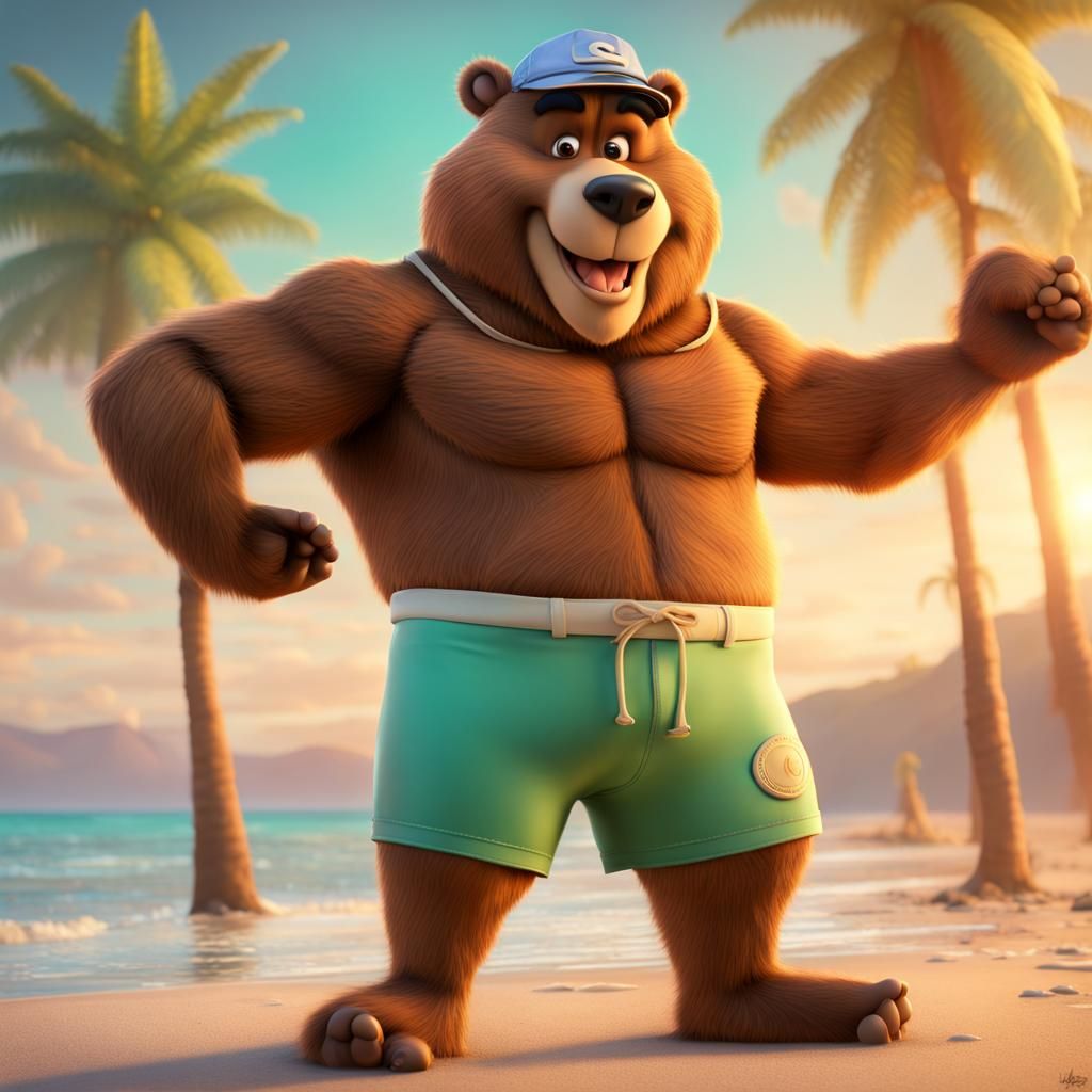 Muscle Yogi Bear at the Beach: 3D Digital Art