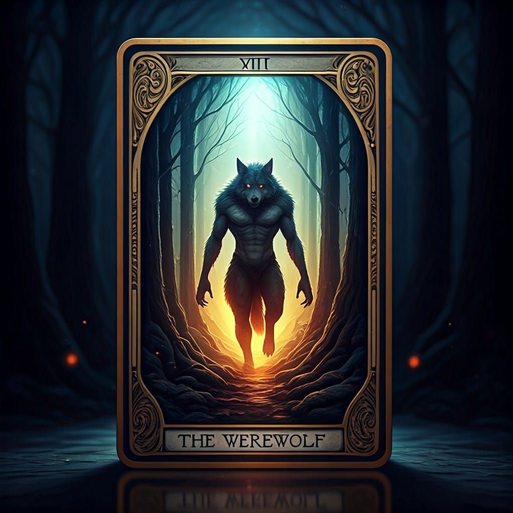Werewolf Exits Tarot Card in Fantasy Forest