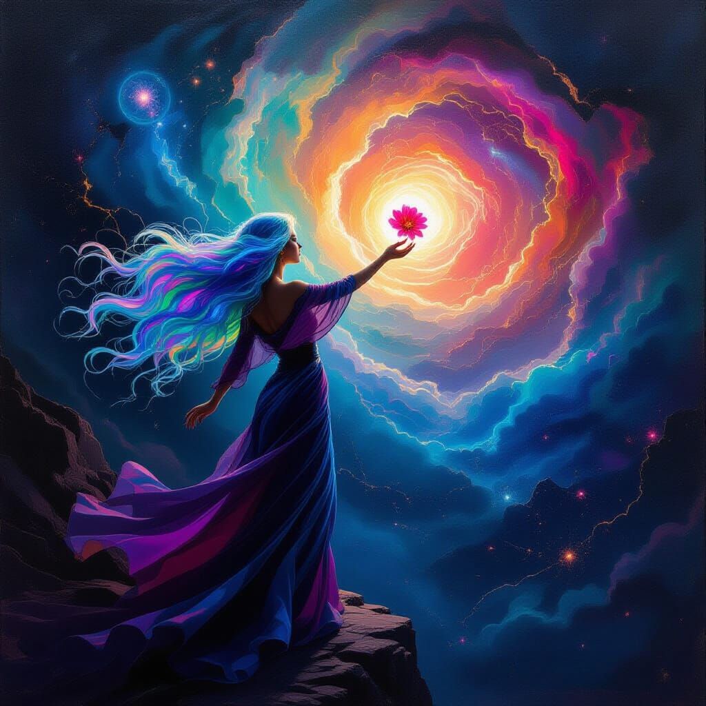 Ethereal Woman in Cosmic Rift, Baroque Oil Painting