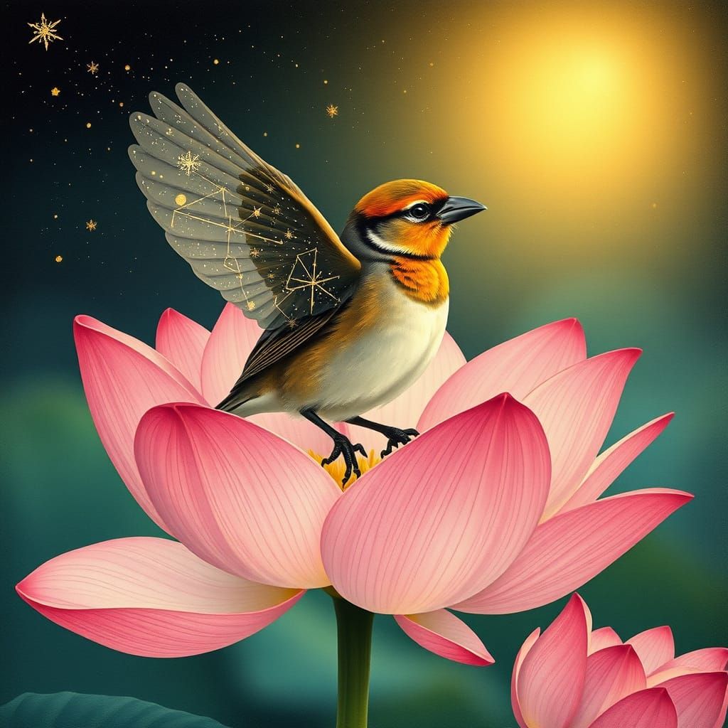 Sparrow with Constellation Wings on Lotus Flower