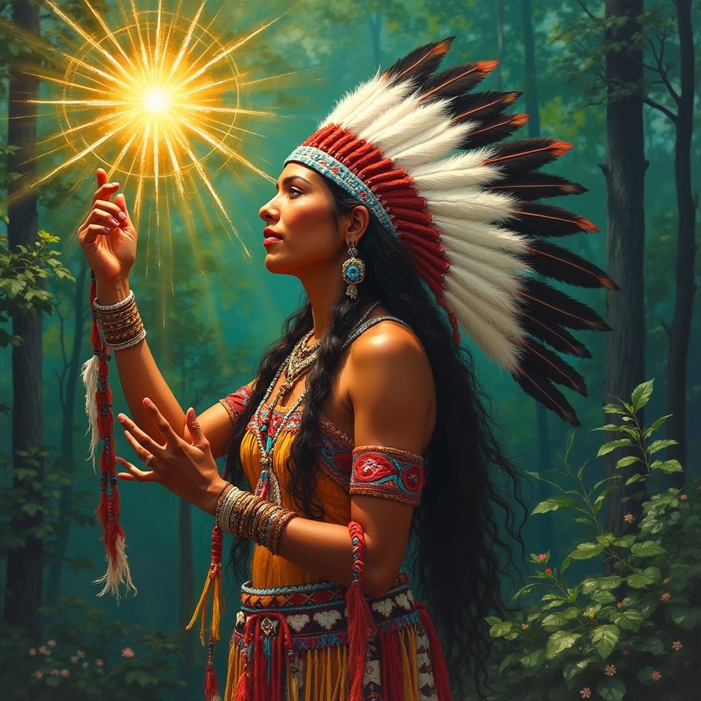 Radiant Blackfoot Woman in Forest: Indigenous Portrait