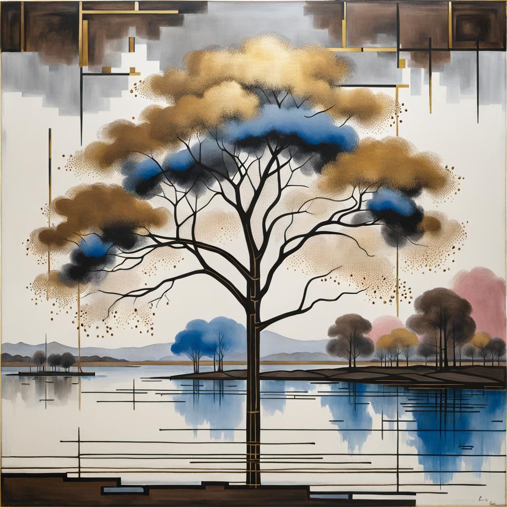 Mondrian Style Tree Near Water Painting