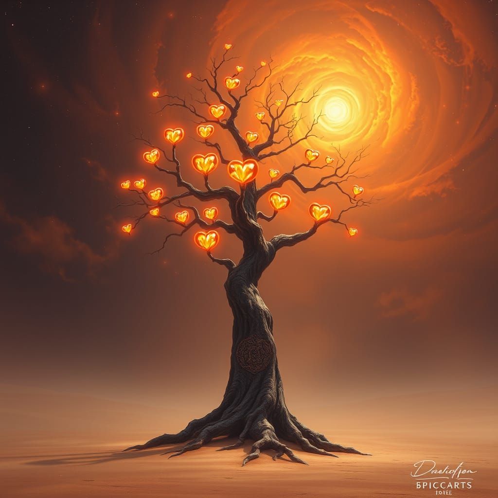 Cosmic Desert Tree with Flame Heart Flowers
