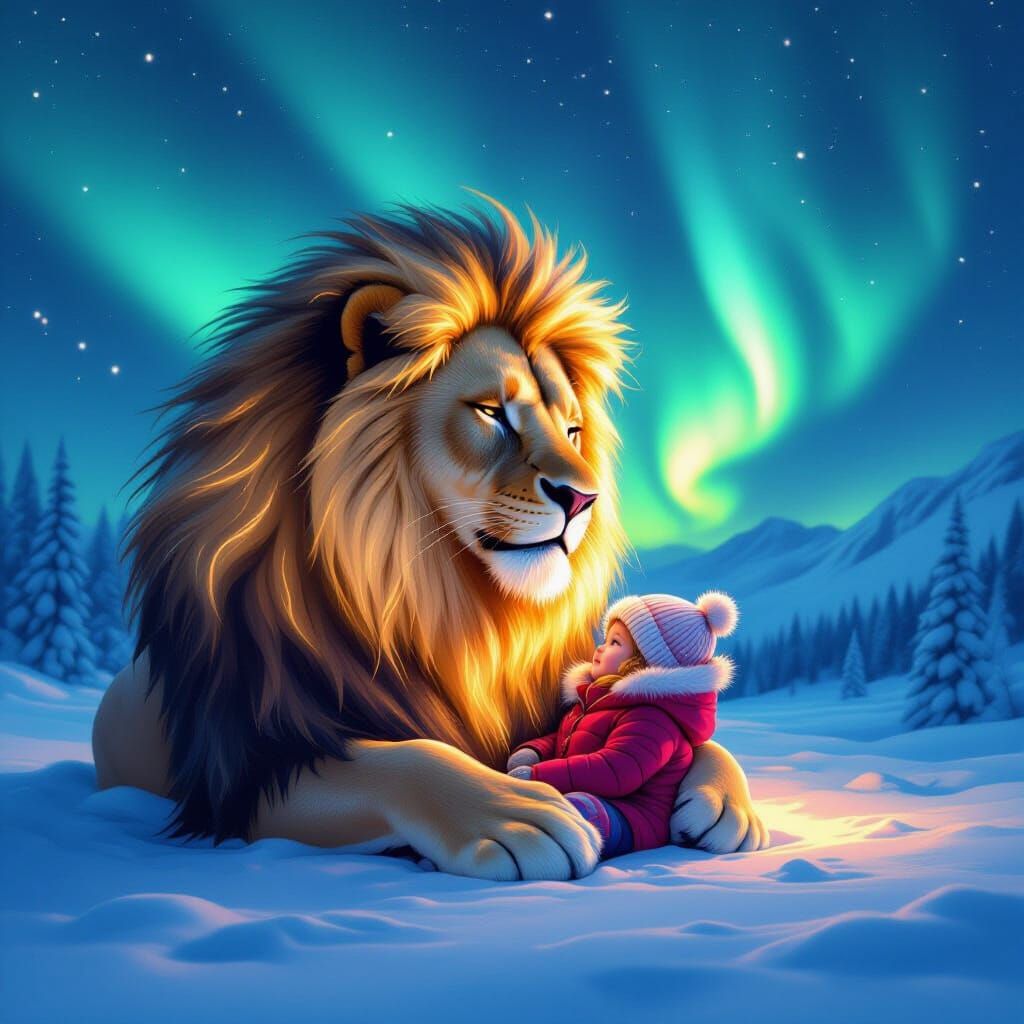 Glowing Lion Protecting Child Under Northern Lights