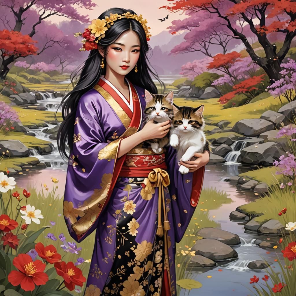 Gorgeous Asian Lady with Kitten in Flowered Field
