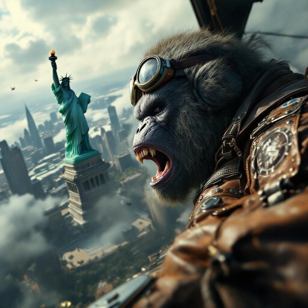 King Kong Battle: Biplane Attack in Hyperrealism