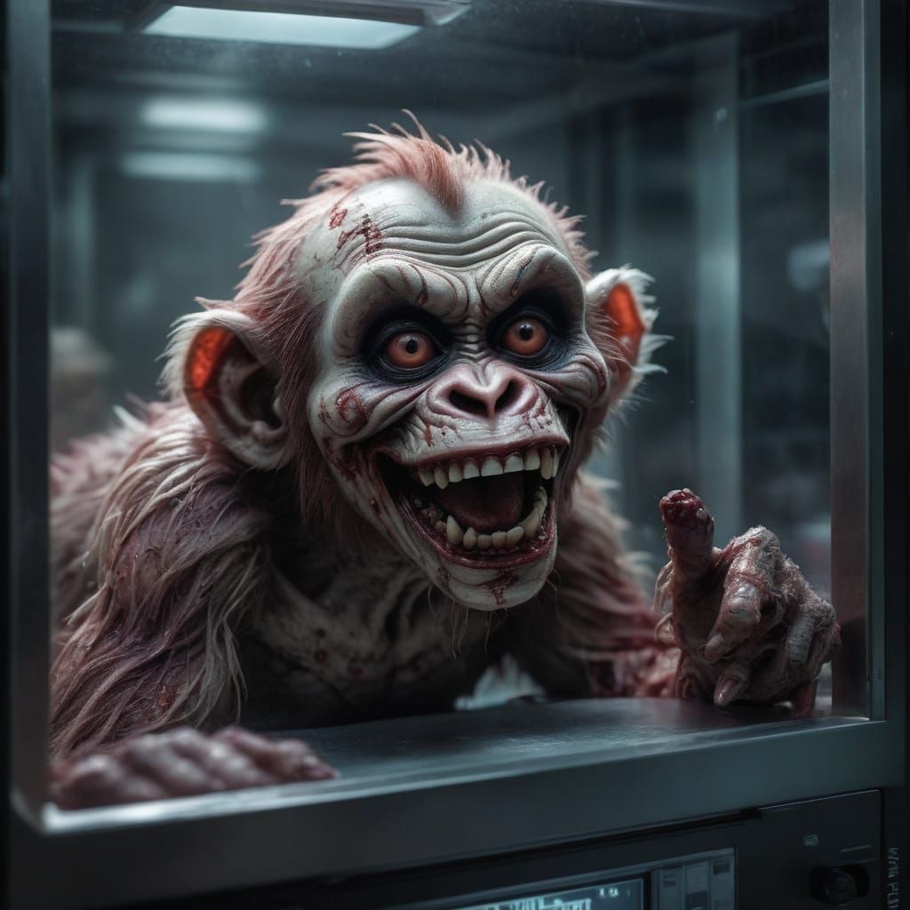 Hyper-Realistic Zombie Monkey Monster Clown in Incubator