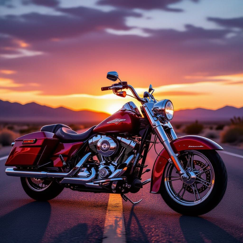 Harley-Davidson Sunset Desert Highway Cinematic Scene