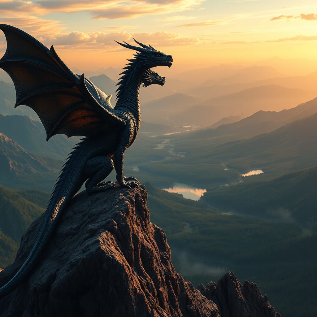 Epic Western Dragon Surveying a Breathtaking Valley in a Cyb...
