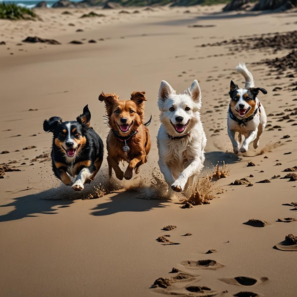 Three Cute Dogs Running on a Beach