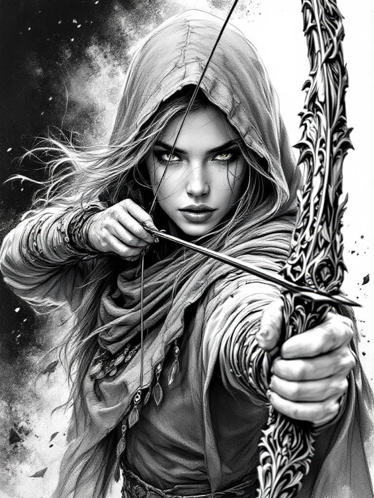 Powerful Female Archer in Monochrome Ink Illustration