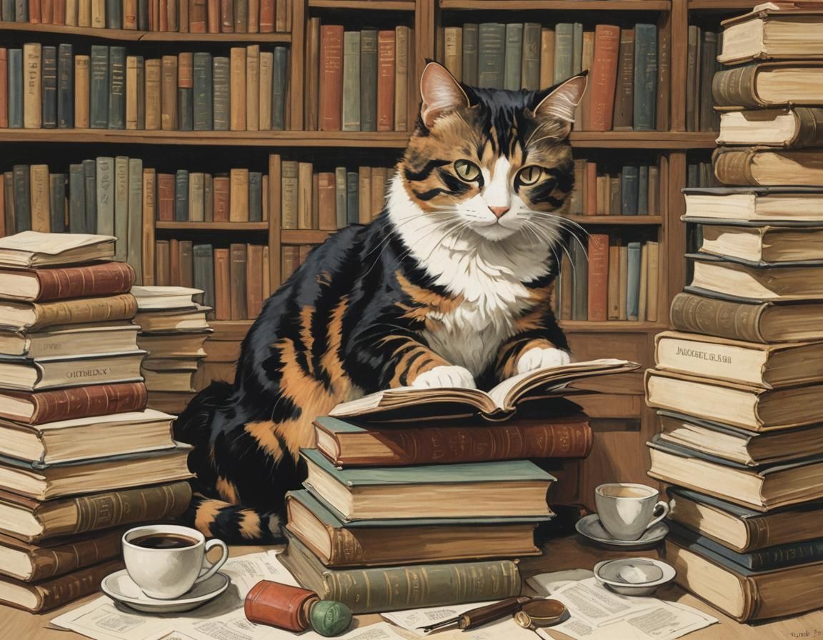 Calico Cat in Library Cafe, Vintage Poster Style