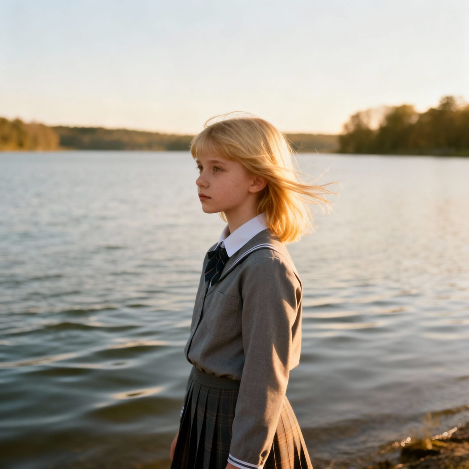 Girl in School Uniform Gazes at Lake