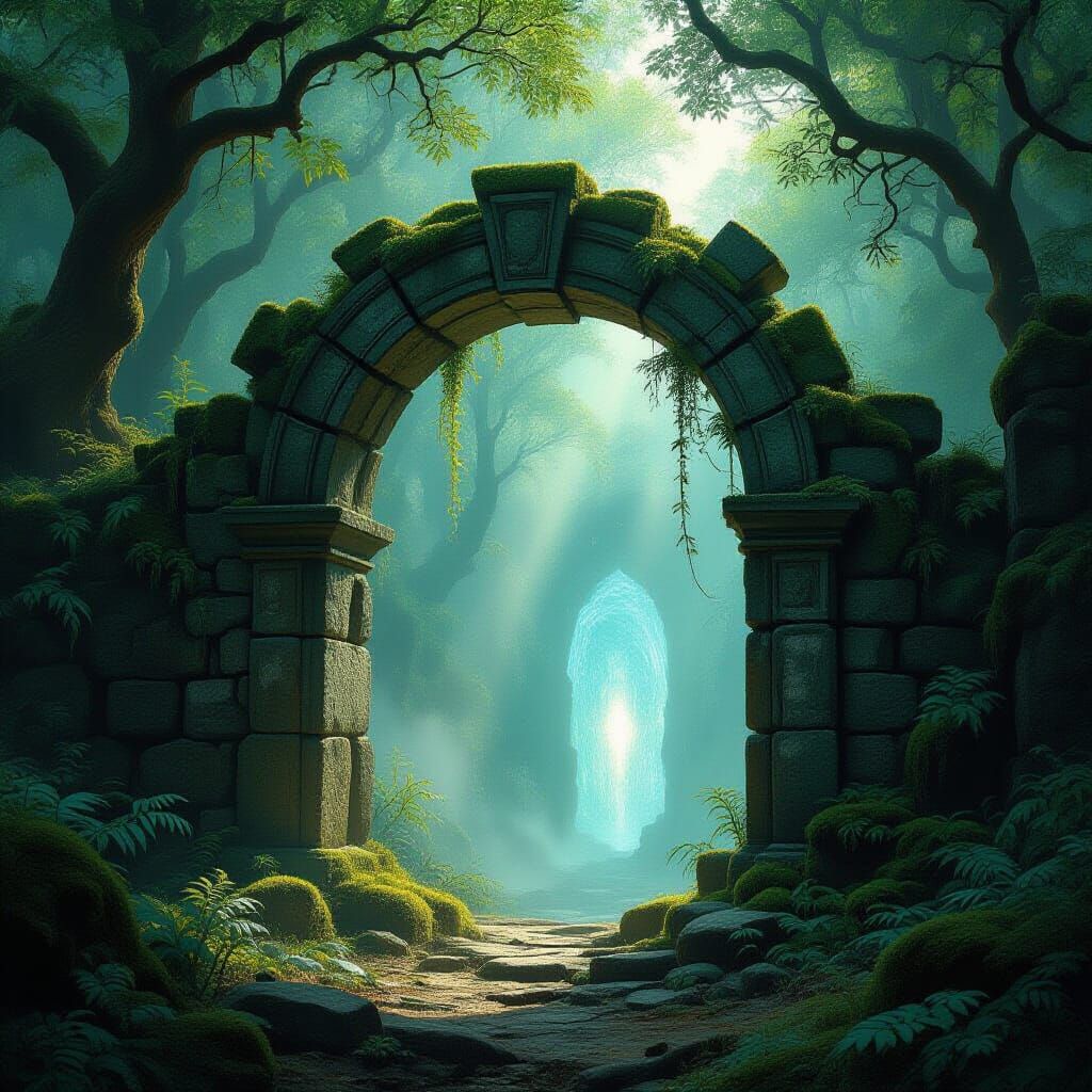 Ancient Forest Archway with Otherworldly Portal