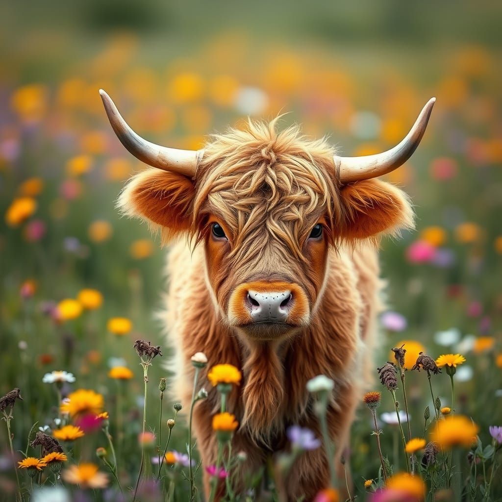 Baby Highland Cow in Wildflower Meadow