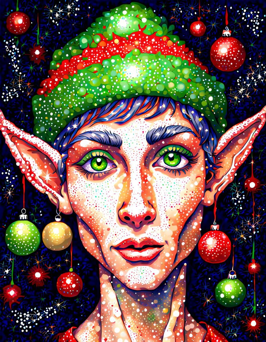 Christmas Elf Portrait in Pointillism Style