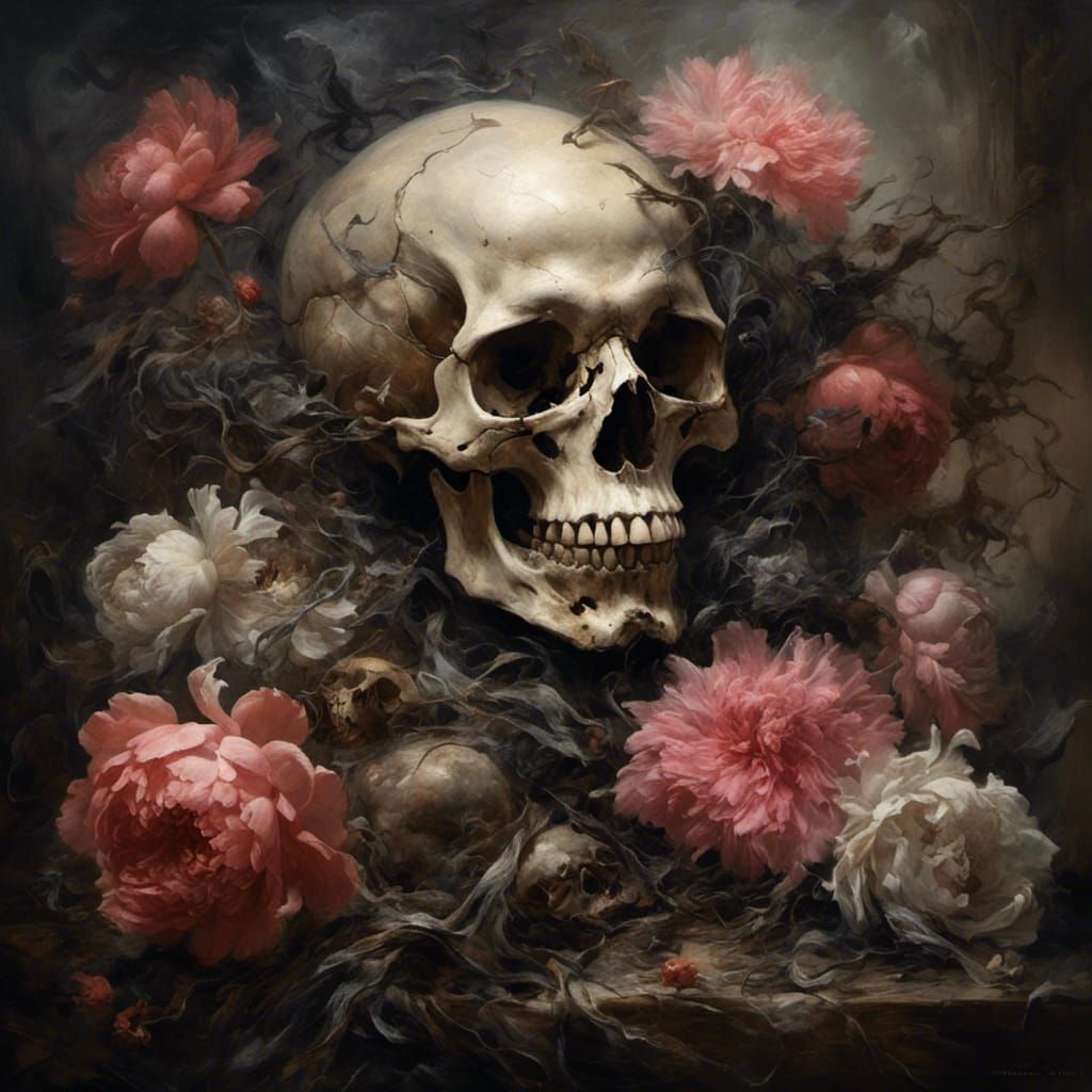 Haunted Peonies Skull in Dark Art Style