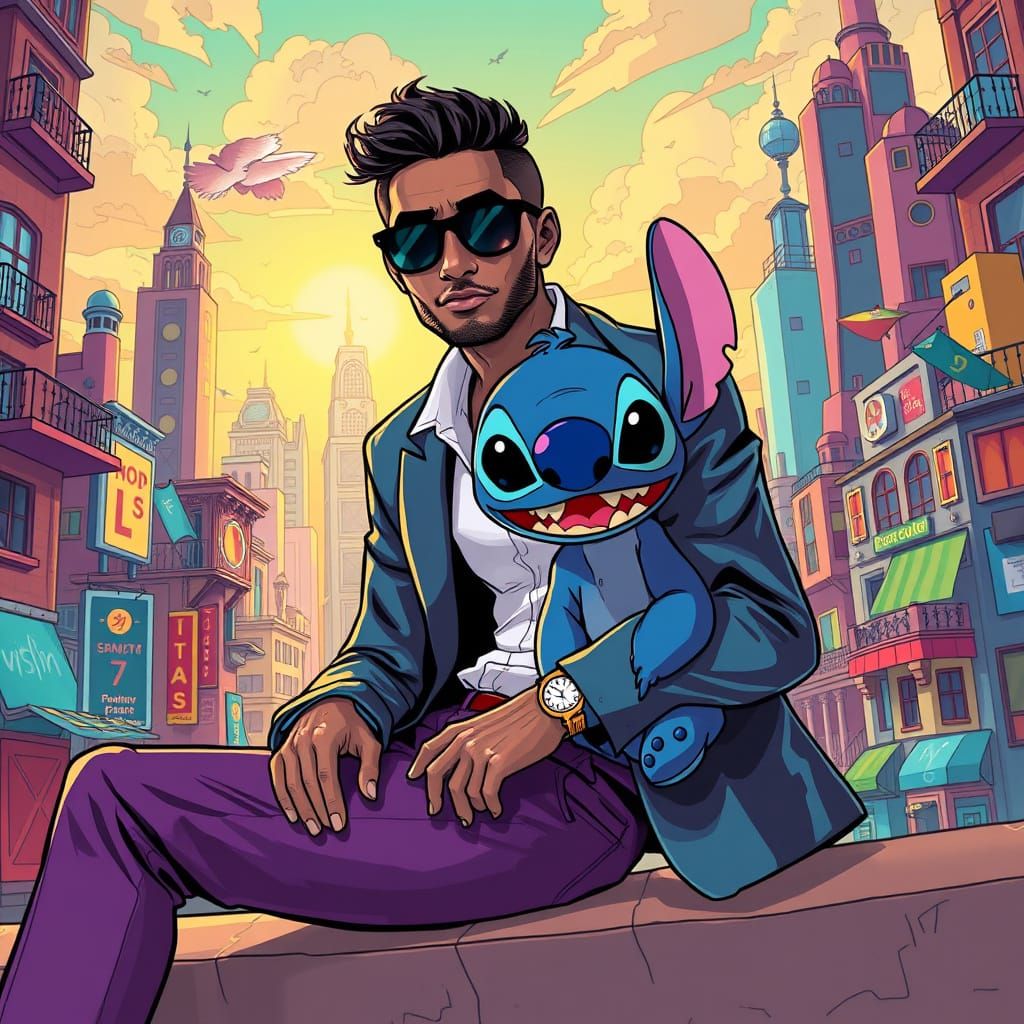 Angelo and Stitch in a Fantastical Cityscape