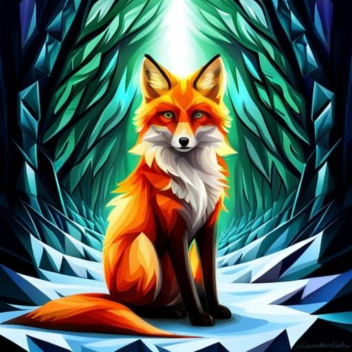 Fractal Polygon Fox in Winter Wonderland