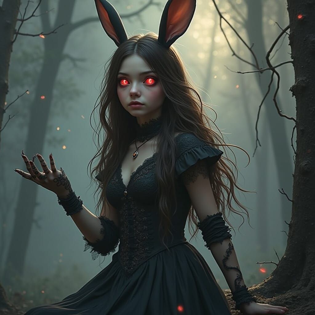 Hyperrealistic Portrait of a Red Eyed Rabbit Girl in a Misty...