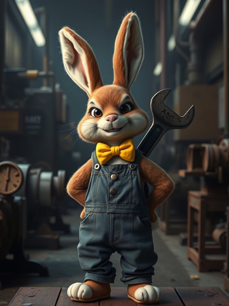 Cynical Rabbit Mechanic with Wrench in Noir Factory
