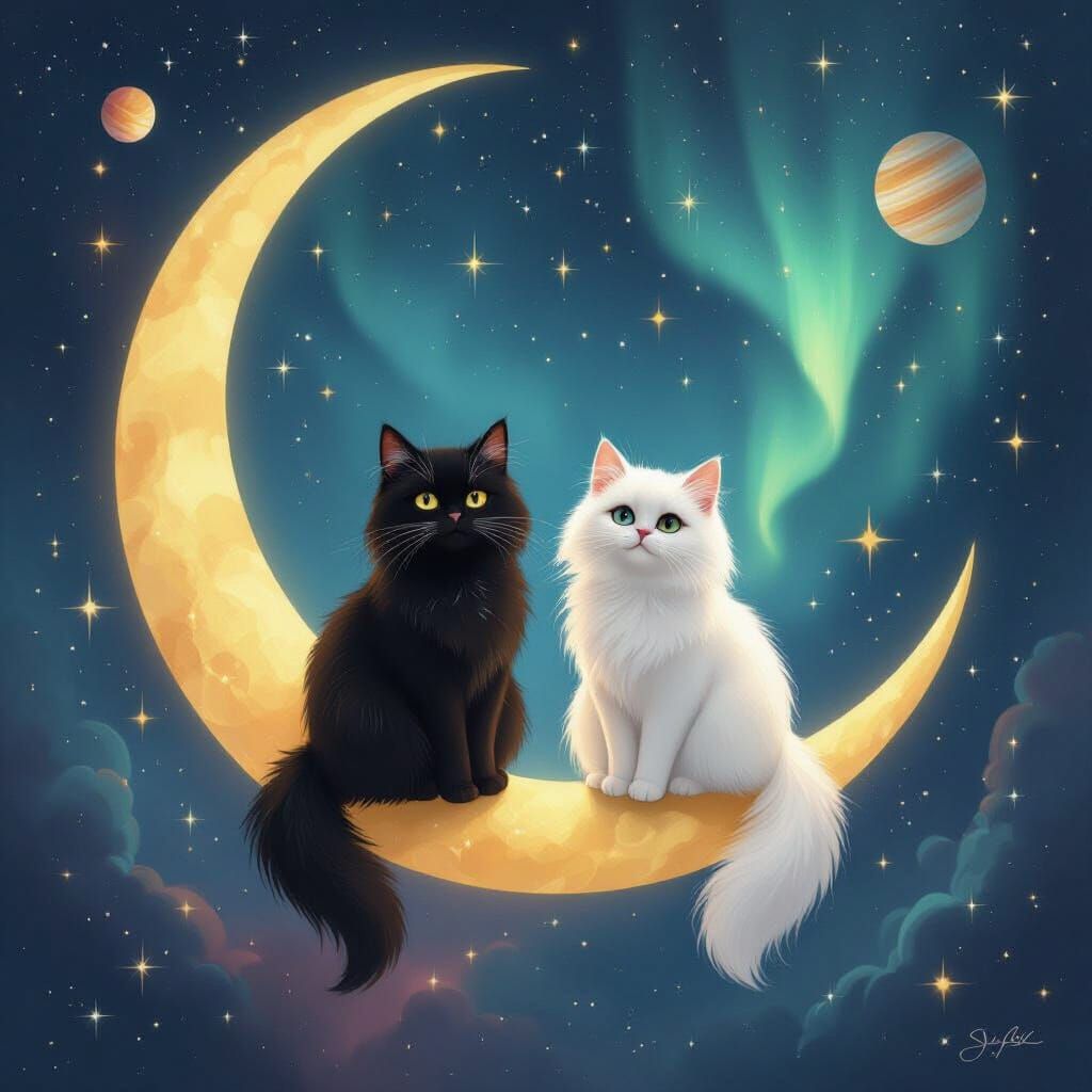 Dreamy Digital Painting of Cats on a Crescent Moon