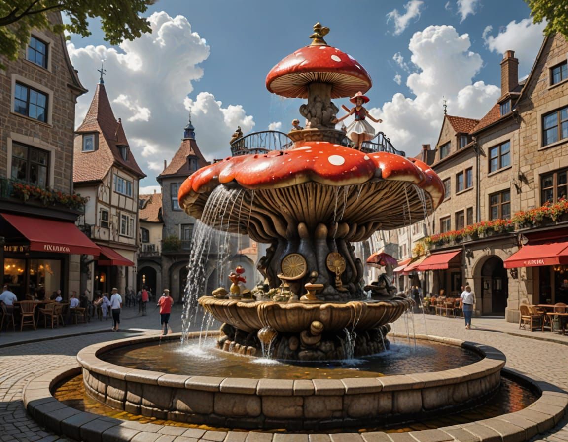 Mushroom Fountain with Fairy and Boy