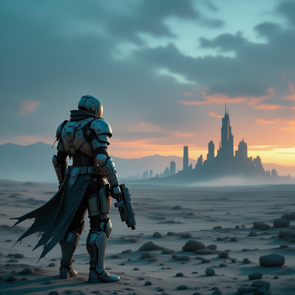 Steampunk Cyborg Warrior in Post-Apocalyptic Cityscape