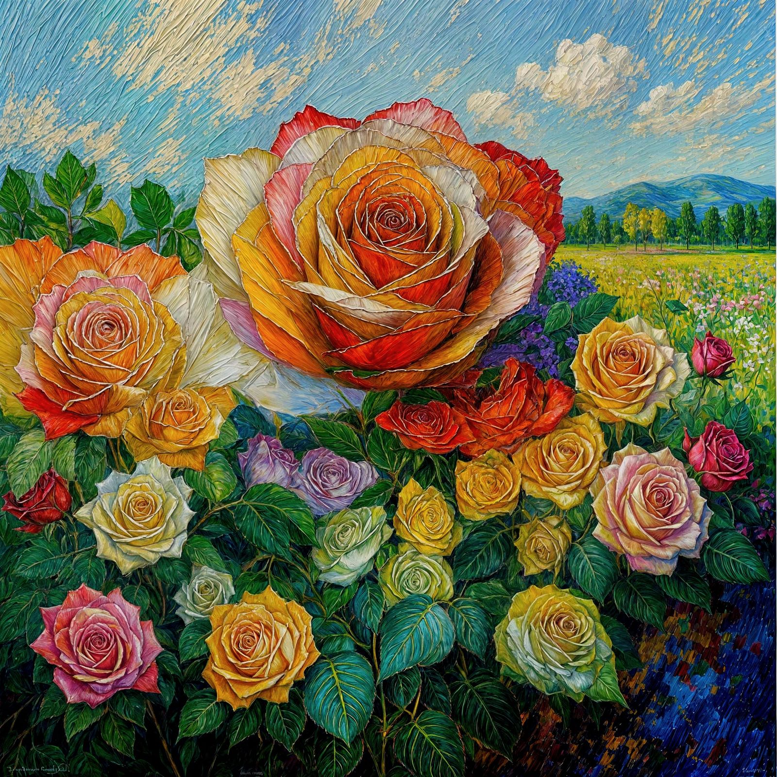 Multicolor Rose Field in Impressionistic Impasto Style