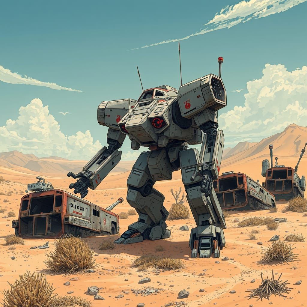 Anime Mecha in Post-Nuclear Desert Landscape