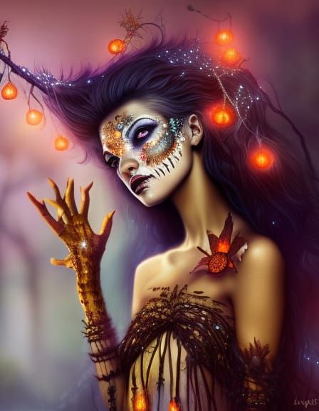 Dark Skinned Halloween Goddess Witch Digital Illustration
