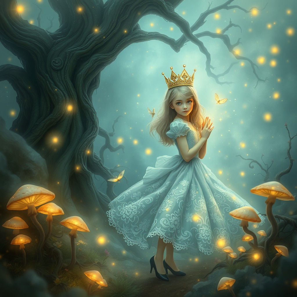 Alice in Wonderland: Dreamlike Landscape with Glowing Elemen...