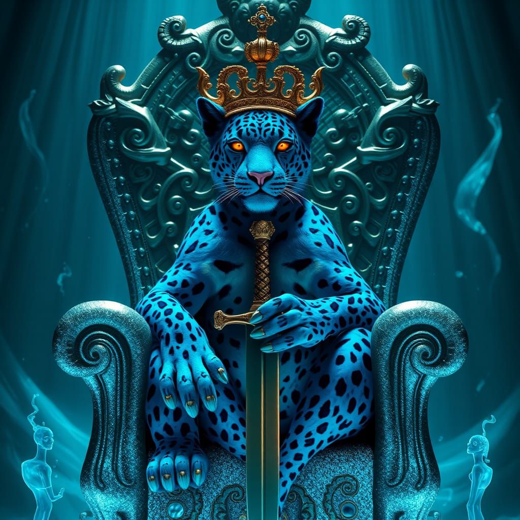 Blue Leopard King Enthroned in Sci-Fi Dreamscape