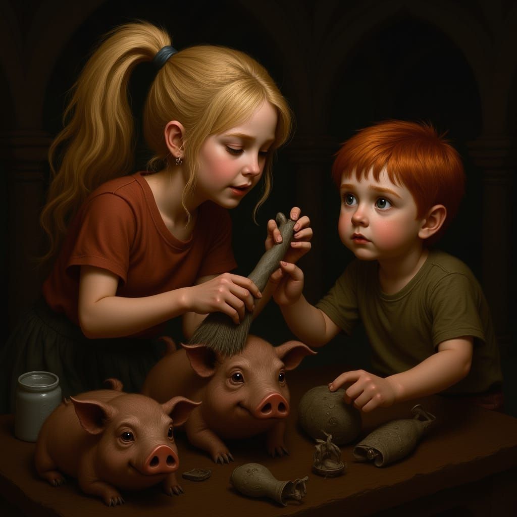 Children Cleaning Pigs in Earth Art Style