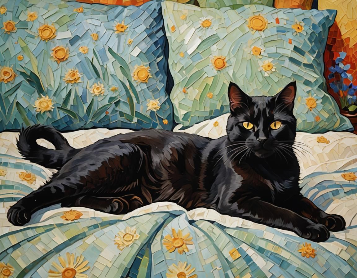 Black Cat Lounging in Van Gogh Impressionist Style