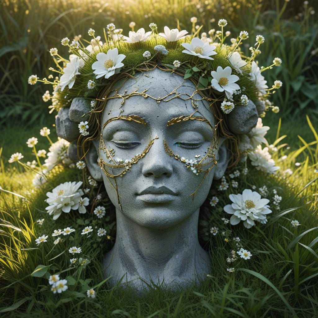 Stone Statue Head Crowned with Flowers in Golden Light