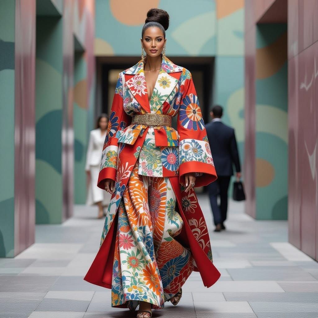 Elegant Supermodel Shines in Vibrant, Abstract Patterns