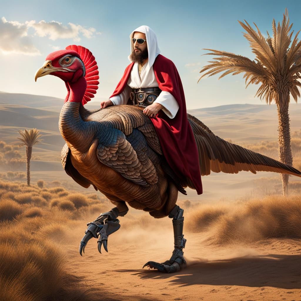 Robotic Turkey Riding a Velociraptor in Jesus Robes