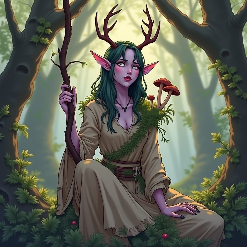 Ethereal Elf Maiden Amidst Vibrant Mossy Landscape